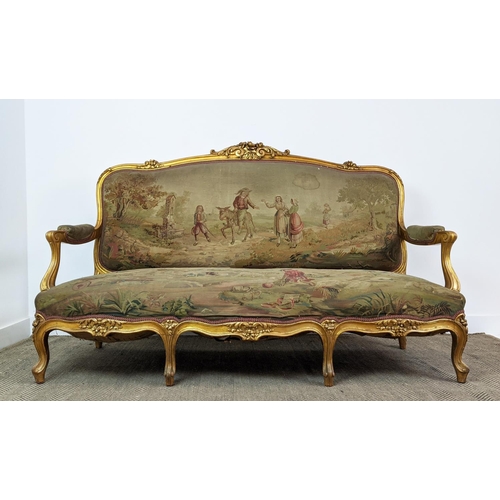 172 - CANAPE, 19th century French with a carved gilt showframe and 18th century tapestry upholstery, 189cm... 