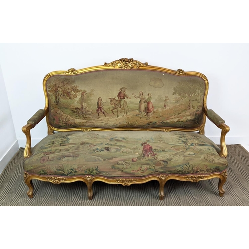 172 - CANAPE, 19th century French with a carved gilt showframe and 18th century tapestry upholstery, 189cm... 