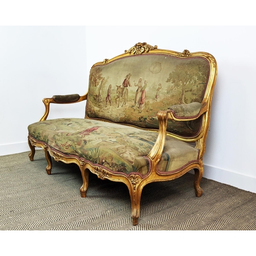 172 - CANAPE, 19th century French with a carved gilt showframe and 18th century tapestry upholstery, 189cm... 