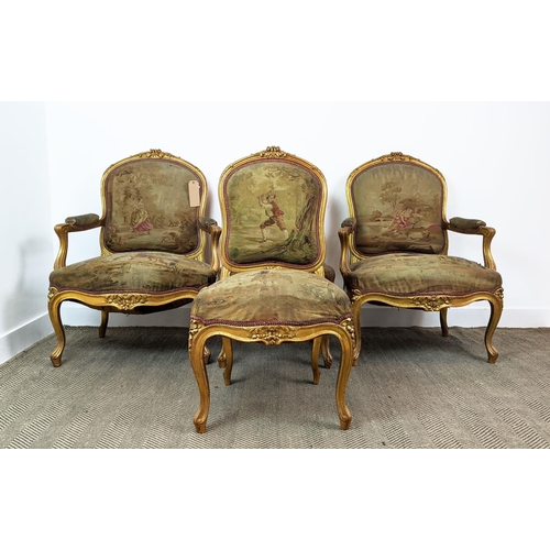 173 - FAUTIEULS, a pair, en suite with previous lot, each 76cm W x 102cm H, along with two side chairs to ... 