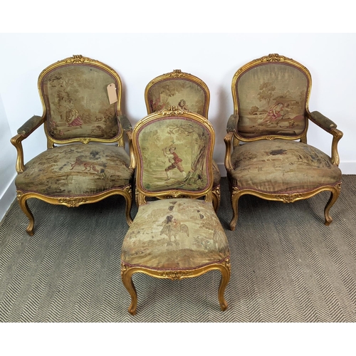 173 - FAUTIEULS, a pair, en suite with previous lot, each 76cm W x 102cm H, along with two side chairs to ... 