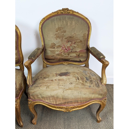 173 - FAUTIEULS, a pair, en suite with previous lot, each 76cm W x 102cm H, along with two side chairs to ... 