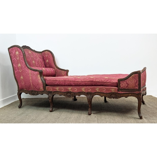 174 - DAY BED, Louis XV walnut, circa 1760, with a carved showframe and red damask upholstery, 220cm L x 8... 