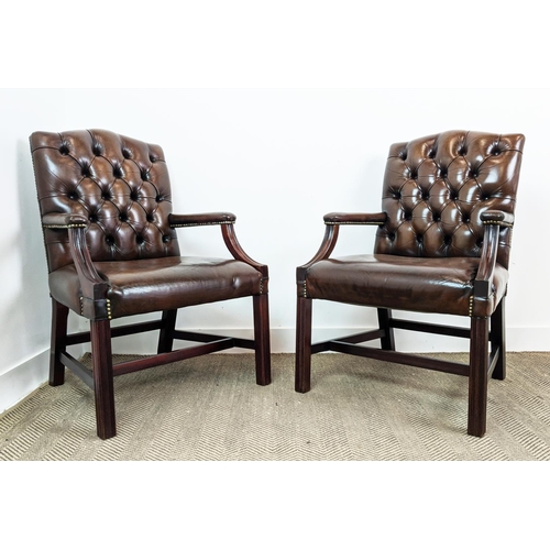 177 - GAINSBOROUGH STYLE ARMCHAIRS, a pair, brown leather upholstered, 98cm H x 67cm W. (2)