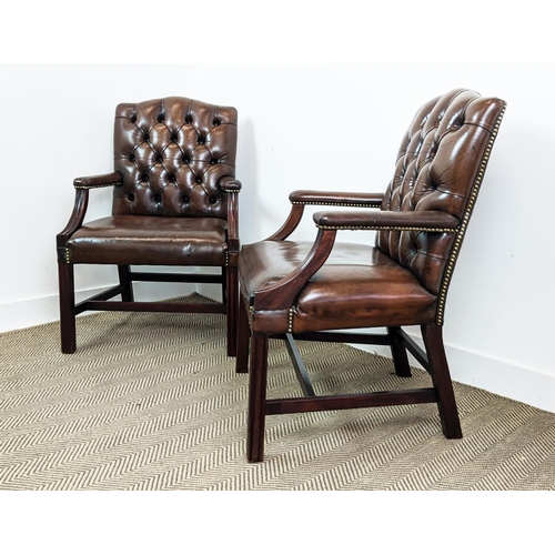 177 - GAINSBOROUGH STYLE ARMCHAIRS, a pair, brown leather upholstered, 98cm H x 67cm W. (2)