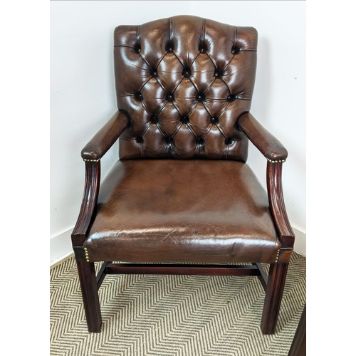 177 - GAINSBOROUGH STYLE ARMCHAIRS, a pair, brown leather upholstered, 98cm H x 67cm W. (2)