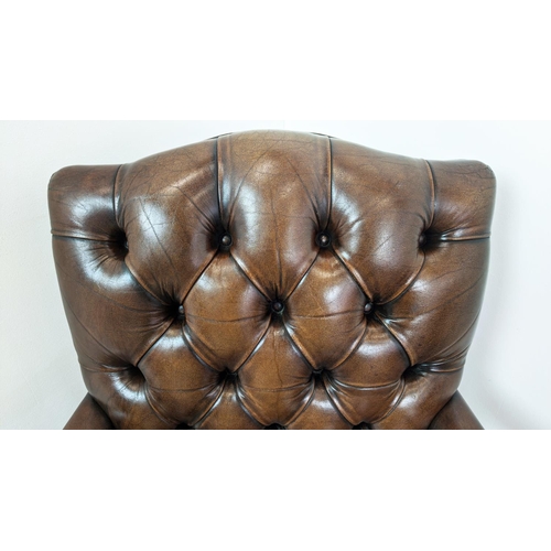 177 - GAINSBOROUGH STYLE ARMCHAIRS, a pair, brown leather upholstered, 98cm H x 67cm W. (2)