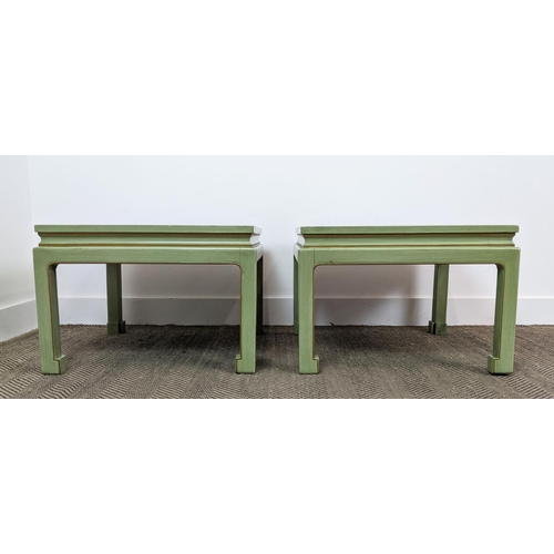 178 - LAMP TABLES, a pair, Chinese style green painted and gilt line decorated, 41cm H x 59cm W x 59cm D. ... 