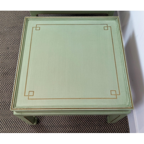 178 - LAMP TABLES, a pair, Chinese style green painted and gilt line decorated, 41cm H x 59cm W x 59cm D. ... 