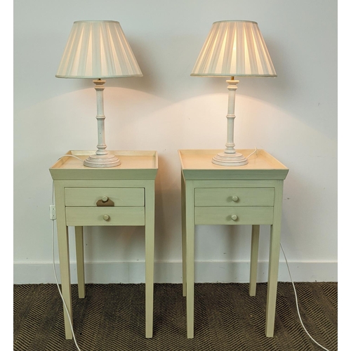 181 - OKA BEDSIDE TABLES, a pair, 74cm H x 42cm x 42, together with a pair of faux bamboo lamps. (4)