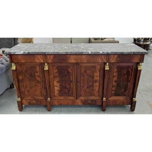 185 - SIDEBOARD, Empire style mahogany and brass mounted with grey marble top above four drawers and four ... 