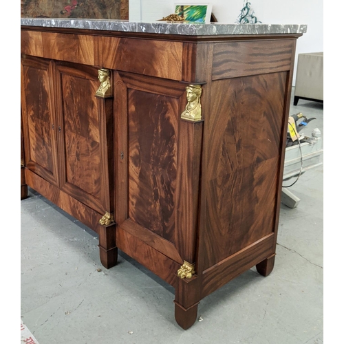 185 - SIDEBOARD, Empire style mahogany and brass mounted with grey marble top above four drawers and four ... 