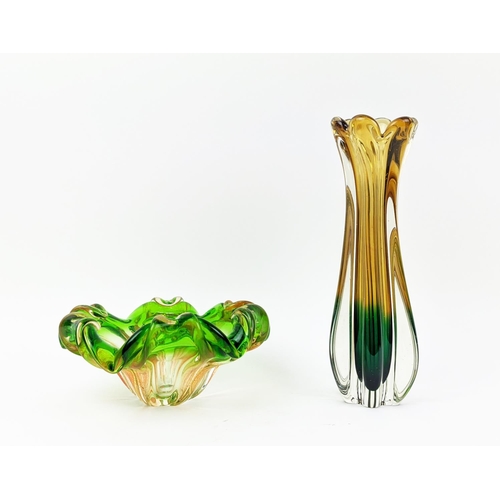 21 - A MURANO GLASS VASE, of waisted form, lobed body, in green and amber colourway, pontil mark to base,... 