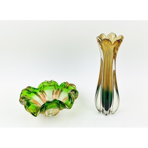 21 - A MURANO GLASS VASE, of waisted form, lobed body, in green and amber colourway, pontil mark to base,... 
