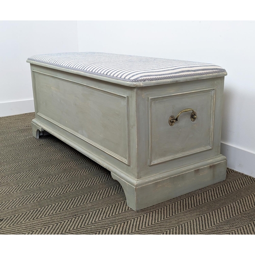 218 - OTTOMAN BY LAURA ASHLEY, painted with hinged padded top in striped Guy Goodfellow fabric, 53cm H x 1... 