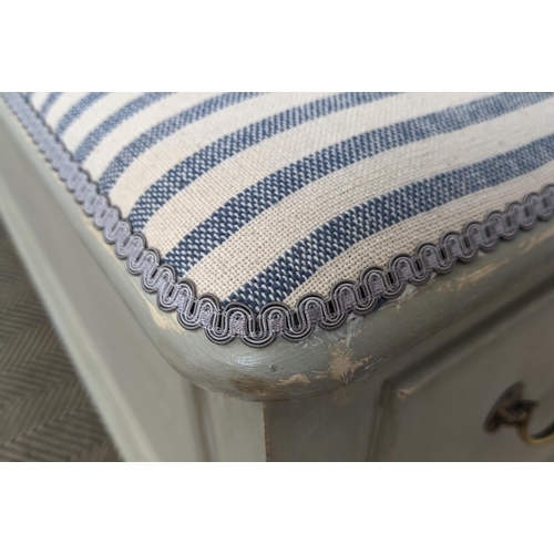 218 - OTTOMAN BY LAURA ASHLEY, painted with hinged padded top in striped Guy Goodfellow fabric, 53cm H x 1... 