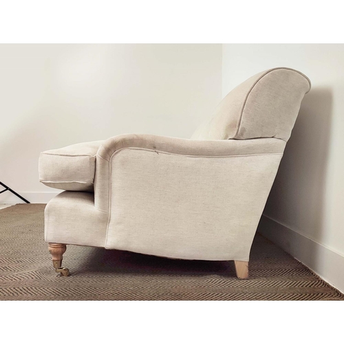 219 - SOFA, Howard style in white upholstery with turned feet and brass castors, 79cm H x 228cm W x 100cm ... 