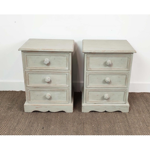 221 - BEDSIDE CHESTS, a pair, grey painted, each with three drawers, 62cm H x 46cm W x 38cm D. (2)