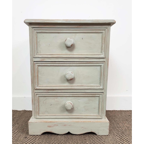 221 - BEDSIDE CHESTS, a pair, grey painted, each with three drawers, 62cm H x 46cm W x 38cm D. (2)