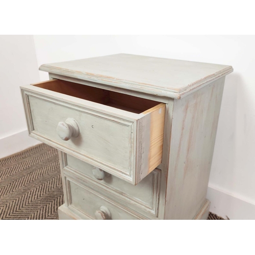 221 - BEDSIDE CHESTS, a pair, grey painted, each with three drawers, 62cm H x 46cm W x 38cm D. (2)