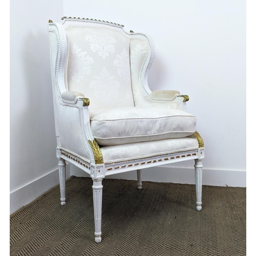 222 - BERGERE A OREILLE, 19th century and later white painted with cream damask upholstery, 113cm H x 69cm... 