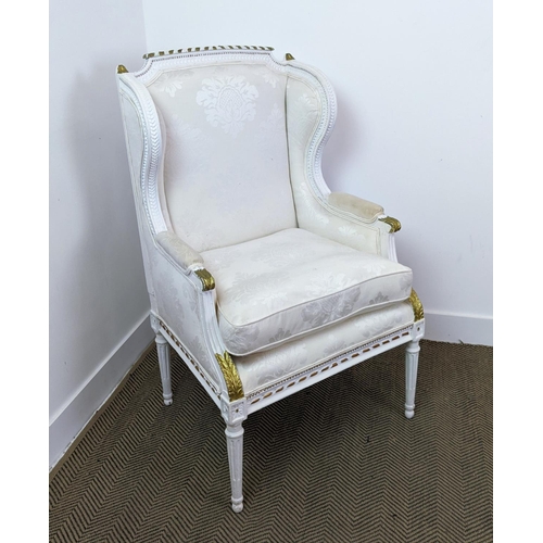 222 - BERGERE A OREILLE, 19th century and later white painted with cream damask upholstery, 113cm H x 69cm... 