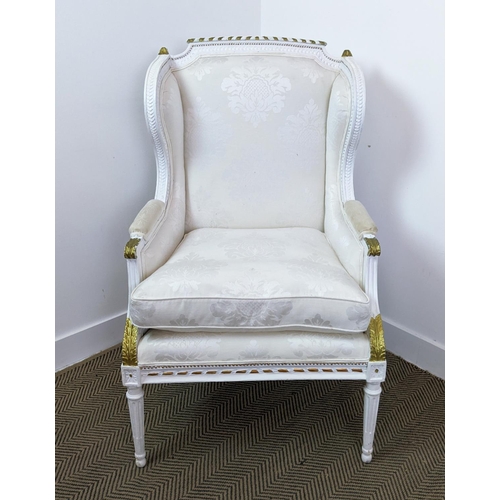 222 - BERGERE A OREILLE, 19th century and later white painted with cream damask upholstery, 113cm H x 69cm... 