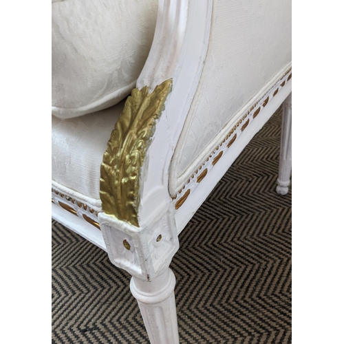 222 - BERGERE A OREILLE, 19th century and later white painted with cream damask upholstery, 113cm H x 69cm... 