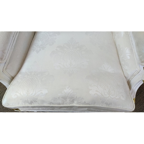 222 - BERGERE A OREILLE, 19th century and later white painted with cream damask upholstery, 113cm H x 69cm... 