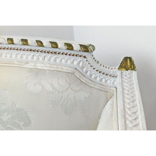 222 - BERGERE A OREILLE, 19th century and later white painted with cream damask upholstery, 113cm H x 69cm... 