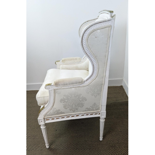 222 - BERGERE A OREILLE, 19th century and later white painted with cream damask upholstery, 113cm H x 69cm... 