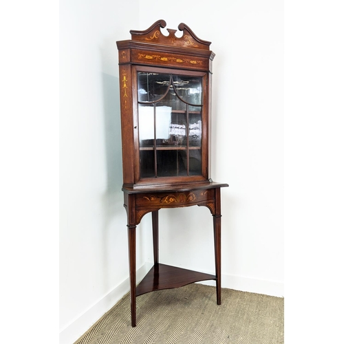 223 - CORNER CABINET ON STAND, Edwardian mahogany and marquetry with glazed door enclosing shelves, 204cm ... 