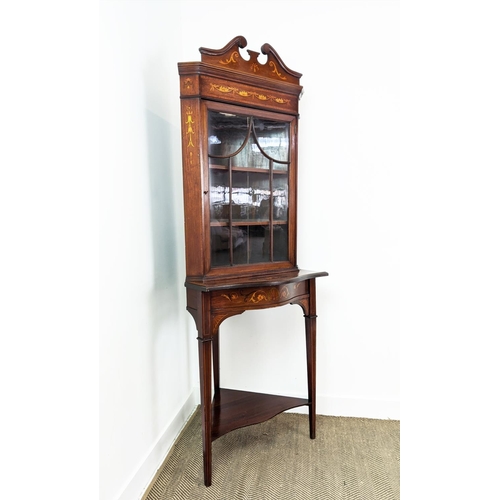 223 - CORNER CABINET ON STAND, Edwardian mahogany and marquetry with glazed door enclosing shelves, 204cm ... 