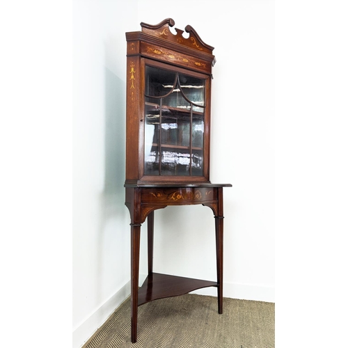 223 - CORNER CABINET ON STAND, Edwardian mahogany and marquetry with glazed door enclosing shelves, 204cm ... 