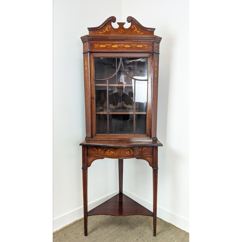 223 - CORNER CABINET ON STAND, Edwardian mahogany and marquetry with glazed door enclosing shelves, 204cm ... 