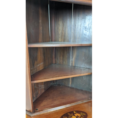 223 - CORNER CABINET ON STAND, Edwardian mahogany and marquetry with glazed door enclosing shelves, 204cm ... 