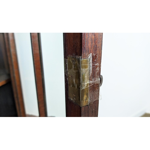 223 - CORNER CABINET ON STAND, Edwardian mahogany and marquetry with glazed door enclosing shelves, 204cm ... 