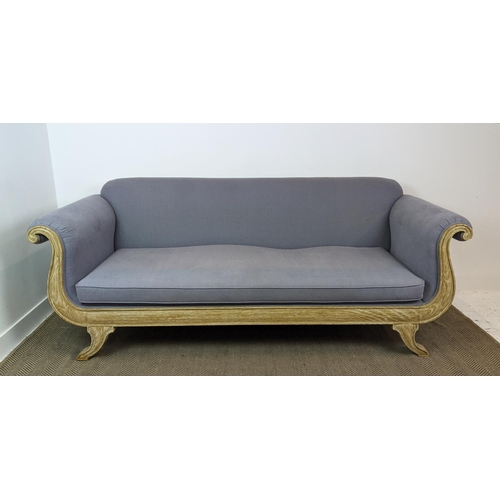 JULIAN CHICHESTER 'LILLE' SOFA, in a blue/grey fabric, with a showframe in bleached aged oak, 230cm W x 92cm D x 93cm H.