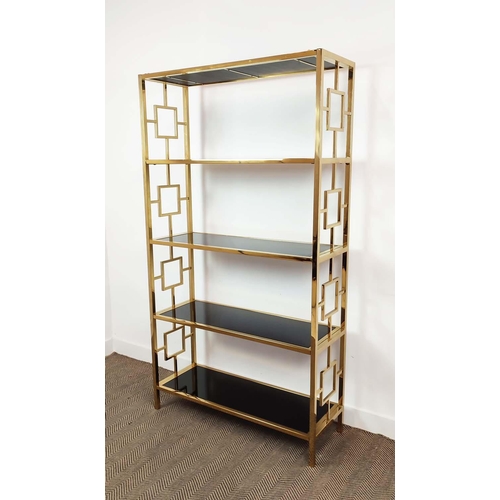 401 - ETAGERE, 1970s Italian style, glass shelves, gilt metal frame, 107.5cm x 37.5cm x 194cm.