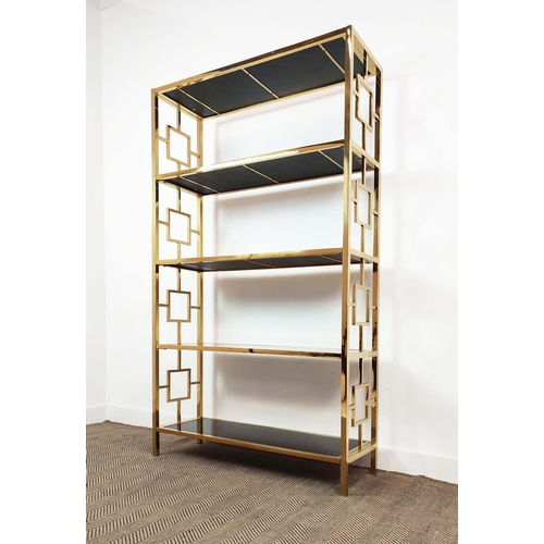 401 - ETAGERE, 1970s Italian style, glass shelves, gilt metal frame, 107.5cm x 37.5cm x 194cm.