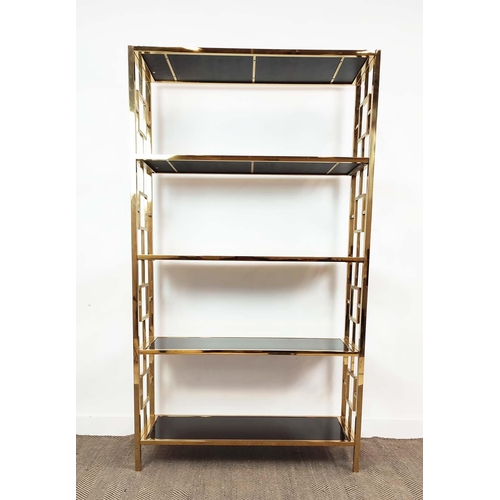 401 - ETAGERE, 1970s Italian style, glass shelves, gilt metal frame, 107.5cm x 37.5cm x 194cm.