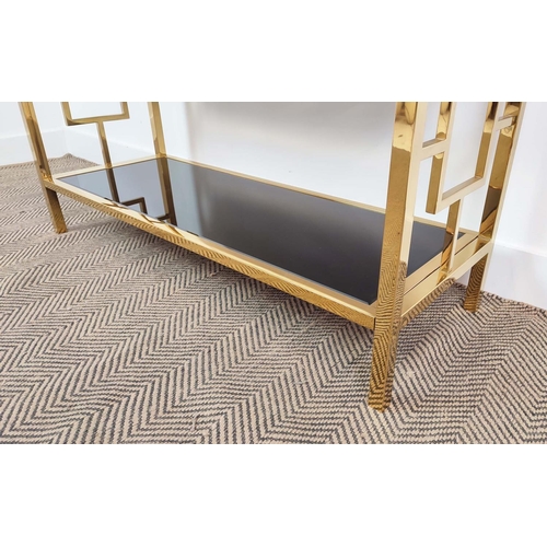 401 - ETAGERE, 1970s Italian style, glass shelves, gilt metal frame, 107.5cm x 37.5cm x 194cm.