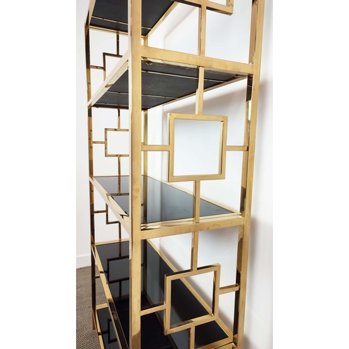 401 - ETAGERE, 1970s Italian style, glass shelves, gilt metal frame, 107.5cm x 37.5cm x 194cm.