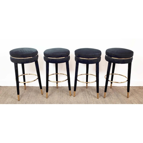 402 - BAR STOOLS, a set of four, black velvet upholstered, gilt metal detail, 76cm H x 41cm approx. (4)