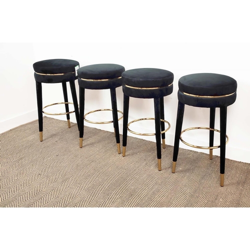 402 - BAR STOOLS, a set of four, black velvet upholstered, gilt metal detail, 76cm H x 41cm approx. (4)