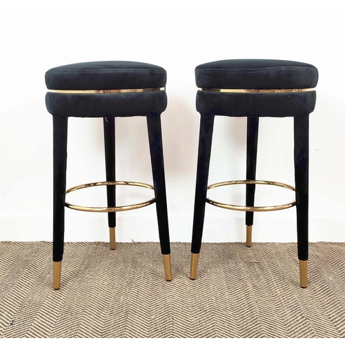 402 - BAR STOOLS, a set of four, black velvet upholstered, gilt metal detail, 76cm H x 41cm approx. (4)