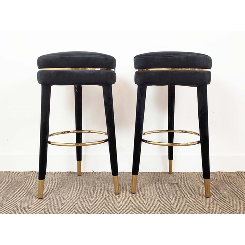 402 - BAR STOOLS, a set of four, black velvet upholstered, gilt metal detail, 76cm H x 41cm approx. (4)