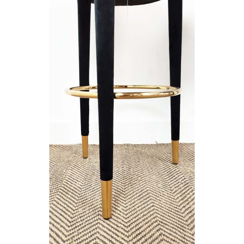 402 - BAR STOOLS, a set of four, black velvet upholstered, gilt metal detail, 76cm H x 41cm approx. (4)