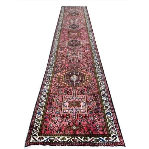 75 - FINE PERSIAN KARAJA RUNNER, 388cm x 80cm.