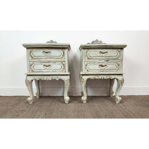 88 - BEDSIDE TABLES, a pair, painted, each with two drawers, 76cm H x 50cm W x 40cm D. (2)